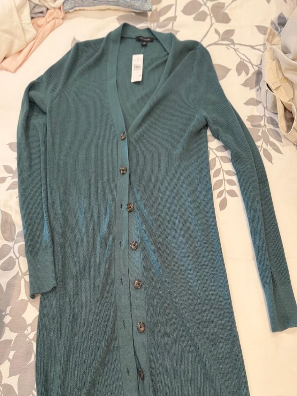 NWT Ann Taylor ribbed longline button-front cardigan in a teal green hue. S.